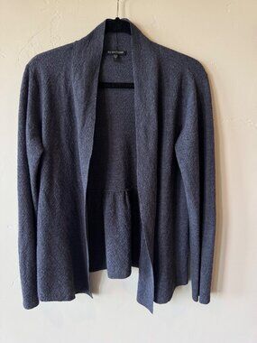 Eileen Fisher Cardigan Wool Peplum Open Front Sweater, Small, Navy